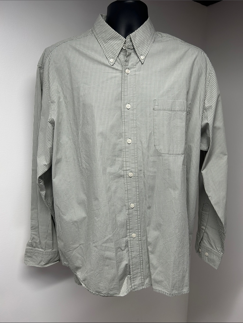Eddie Bauer Green Micro Check Gingham Button Down Shirt 100% Cotton Long Sleeve